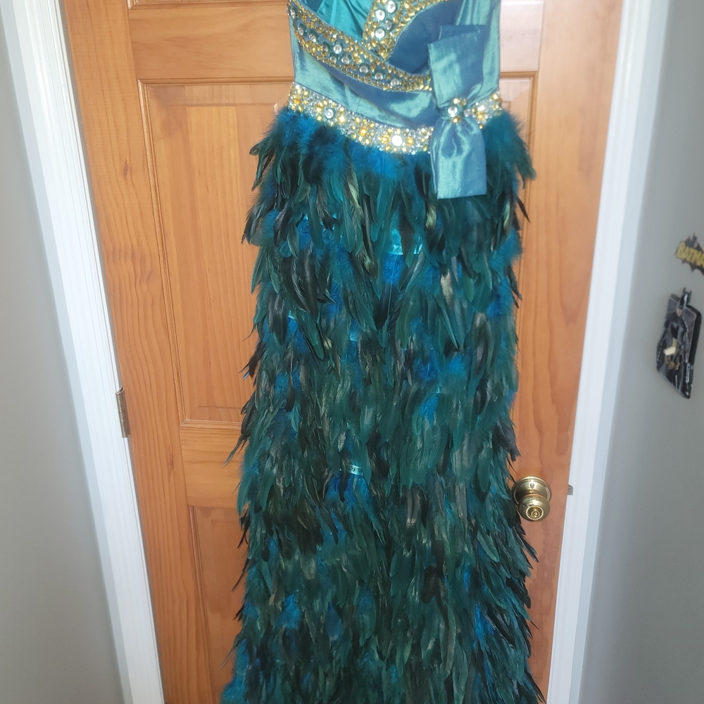 MUST GO!!!! Penelopy Feathered Blue and Gold Gown- Size 4